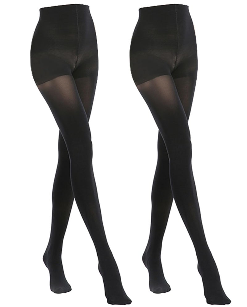 MANZI 2 Pairs Women's Opaque Control Top Tights Comfort Stretch 70 Denier Pantyhose Black Large - Image 1